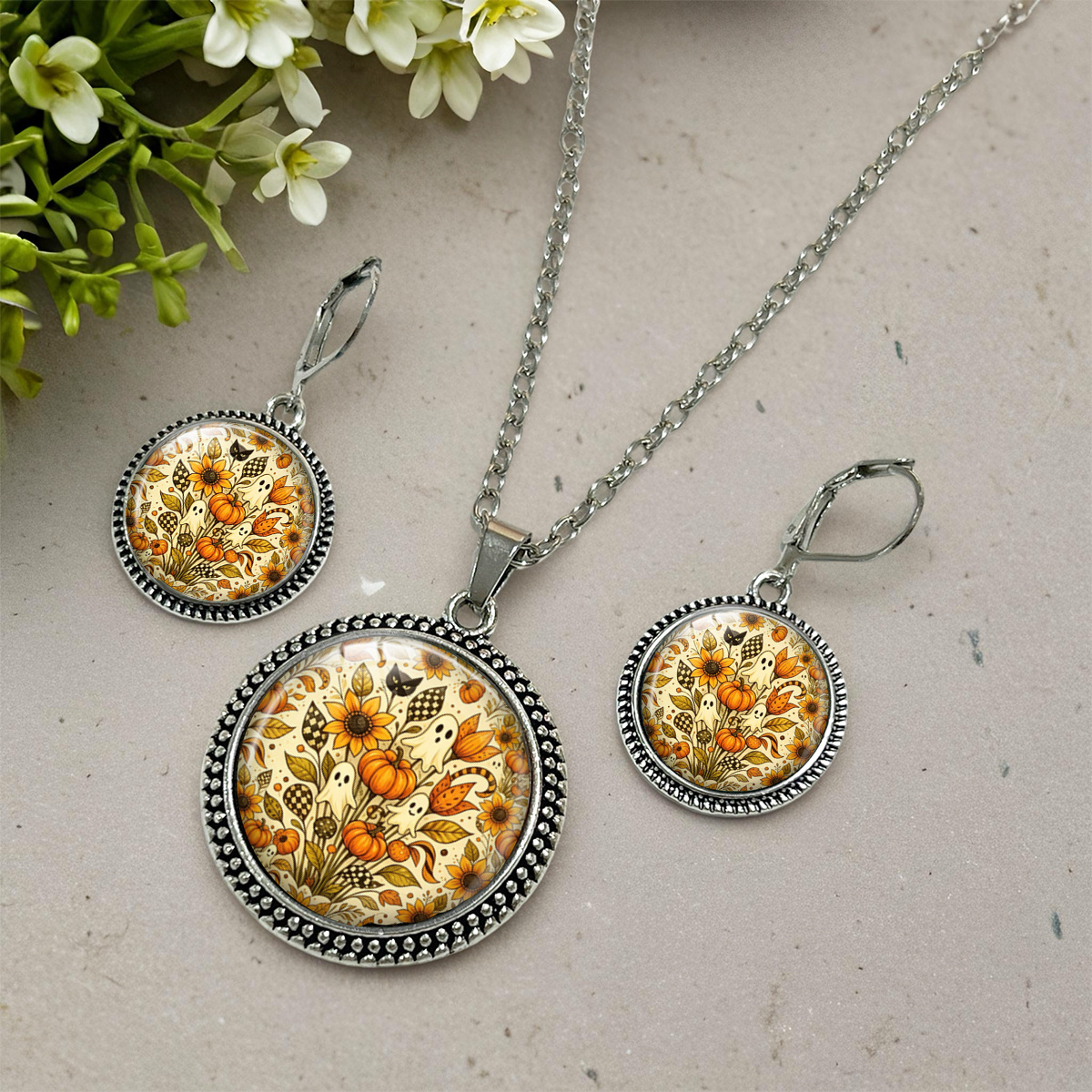 3pcs Pumpkin Halloween Necklace & Earrings Set, Unisex